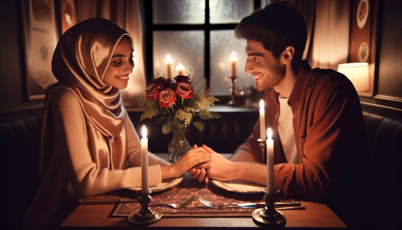 Romantiška Valentino dienos vakarienės aplinka su žvakėmis ir rožėmis