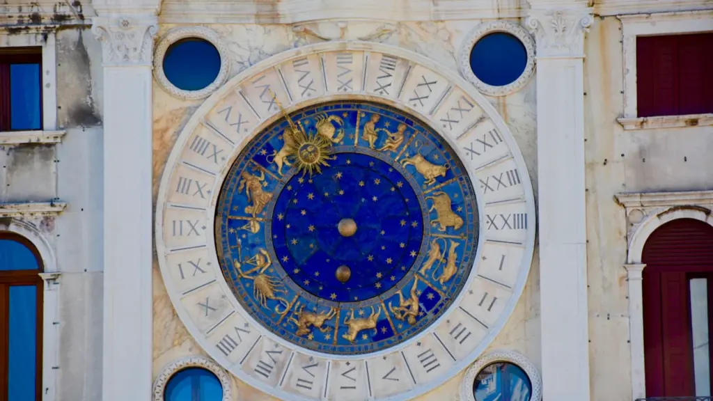 Didysis astronominis laikrodis su zodiako ženklais senoviniame pastato fasade.