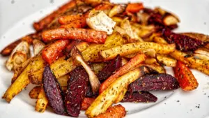 Keptos šakninės daržovės su feta: vakarienė vienoje skardoje