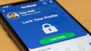 Išmanusis telefonas su atidaryta profilio užrakinimo funkcija skaitmeninio saugumo tema.